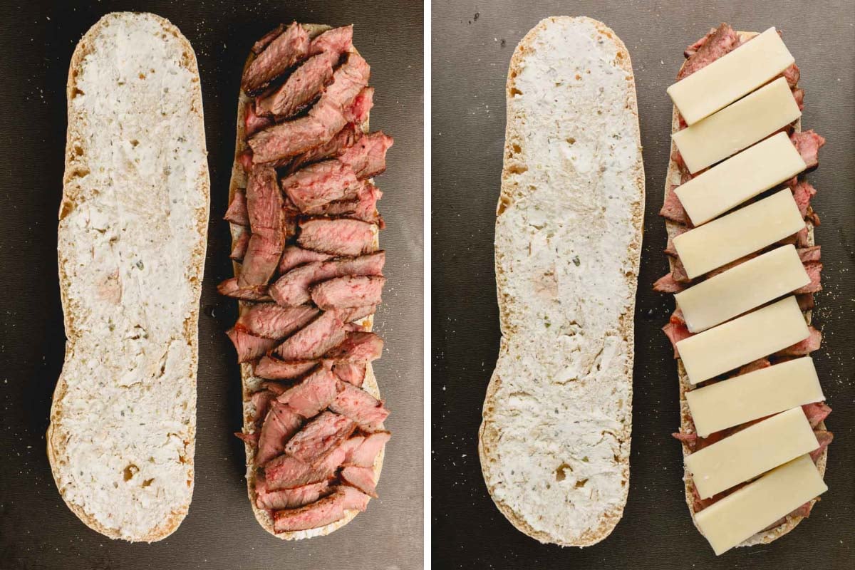 Steak layered on one side of a goat cheese topped baguette and cheddar cheese pieces layered on top.