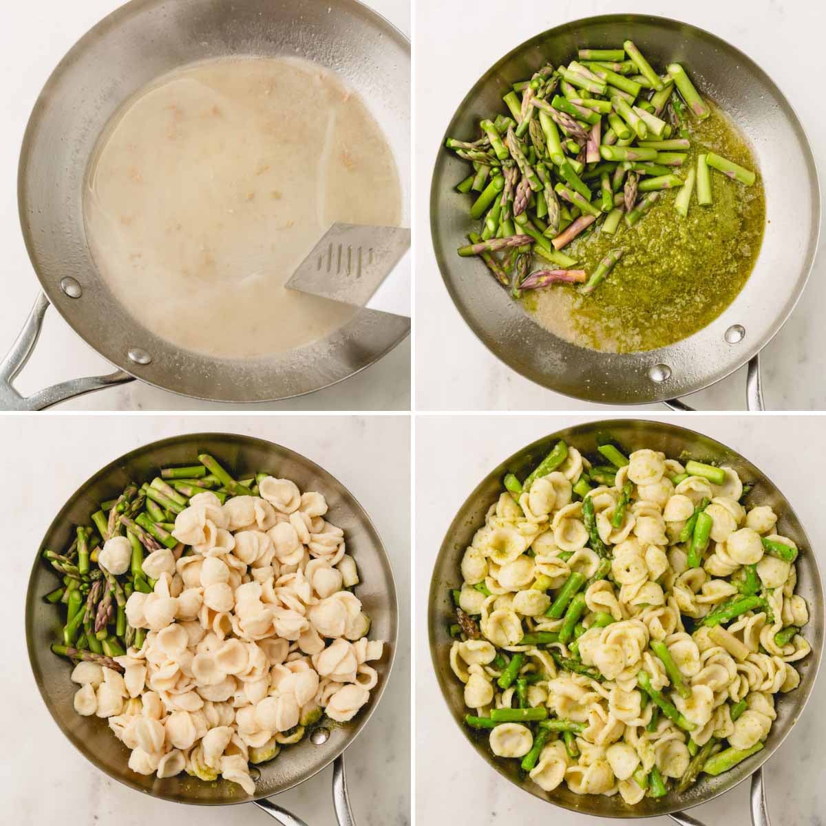 Step by step photos of deglazing the skillet with pasta water; adding asparagus, pesto, and parmesan to the skillet; adding the cooked pasta noodles to the skillet; and lastly, the pasta, pesto and asparagus stirred together in the skillet.