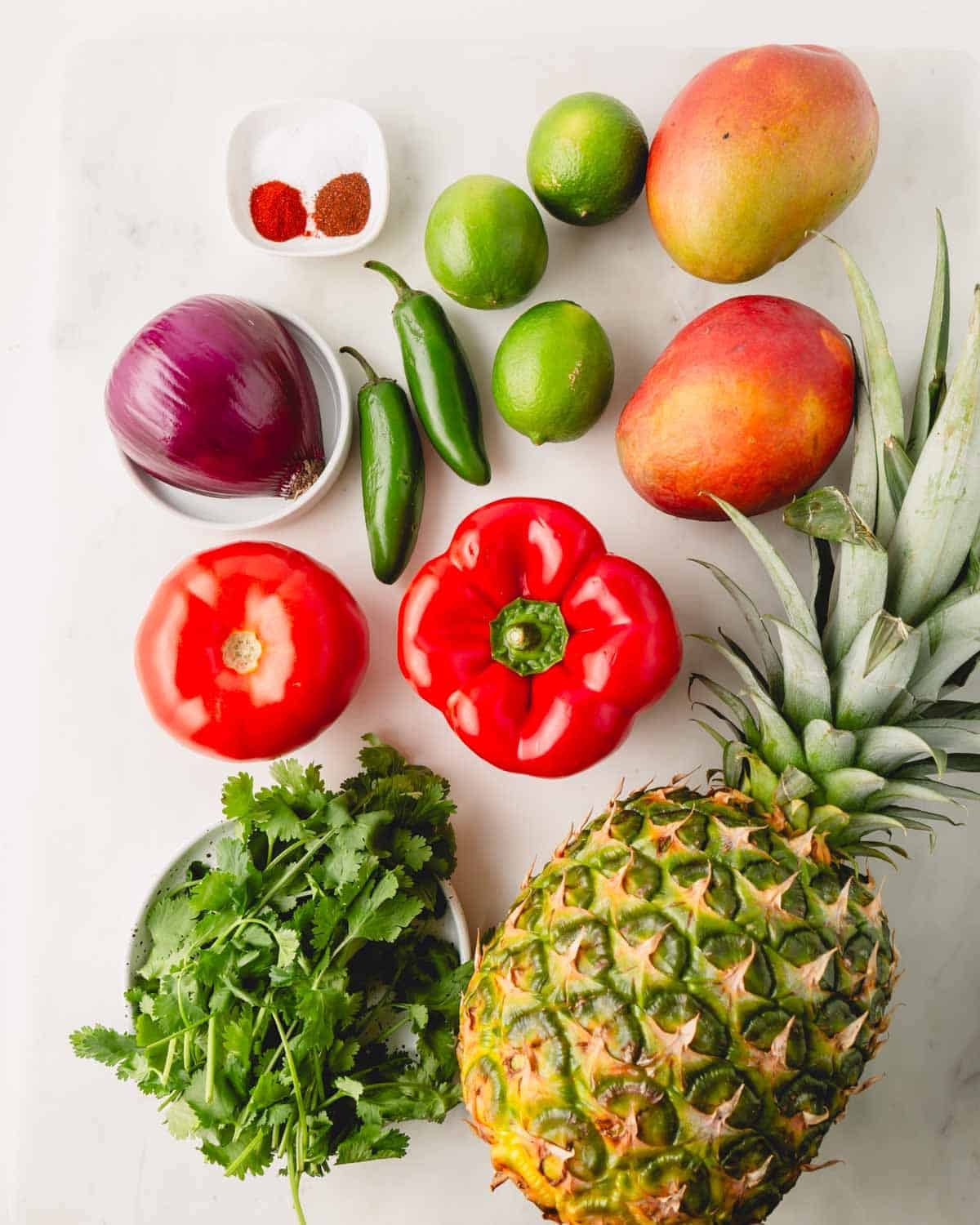 Ingredients for pineapple mango salsa which include mangos, red bell pepper, pineapple, cilantro, tomato, limes, red onion, jalapenos, salt, chili powder, and paprika,