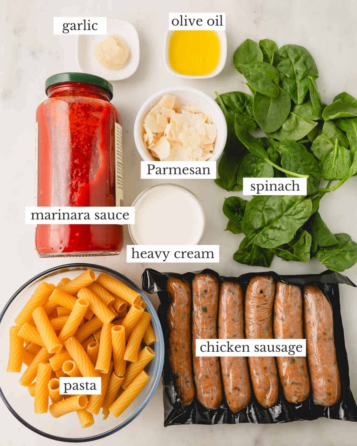 Ingredients for chicken sausage and pasta.