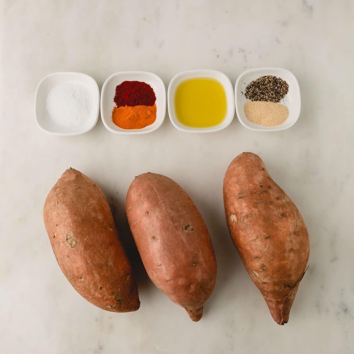 Ingredients for sliced and baked sweet potatoes.