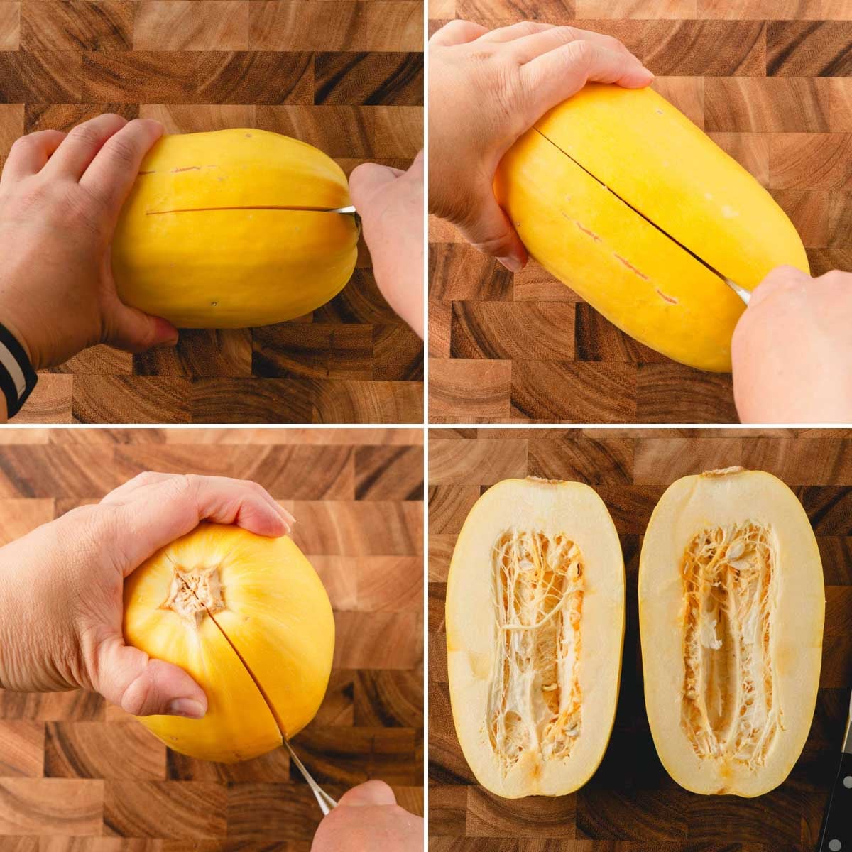 Two hands cutting a spaghetti squash in half lengthwise on the cutting board.