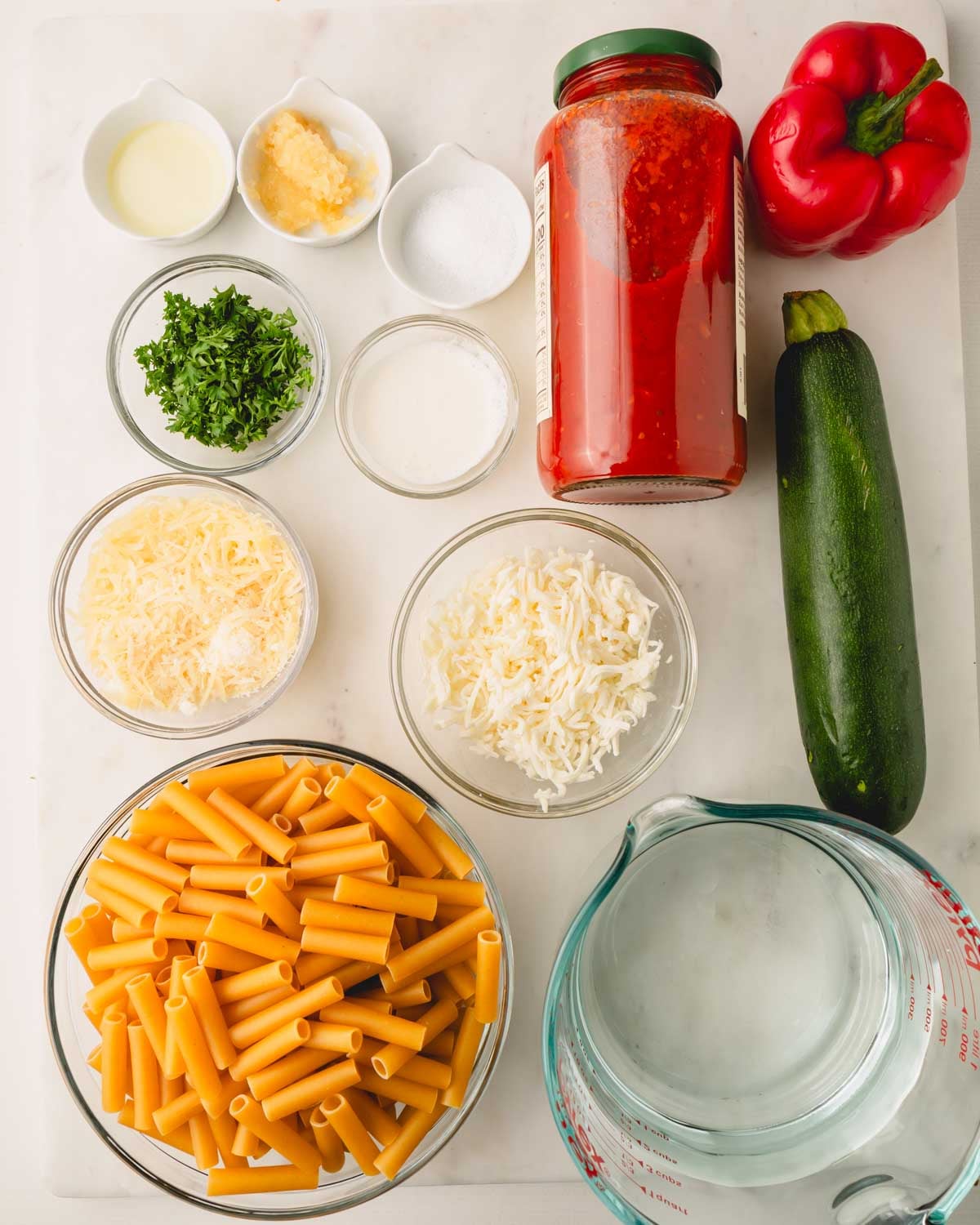 Ingredients for baked vegetarian ziti.