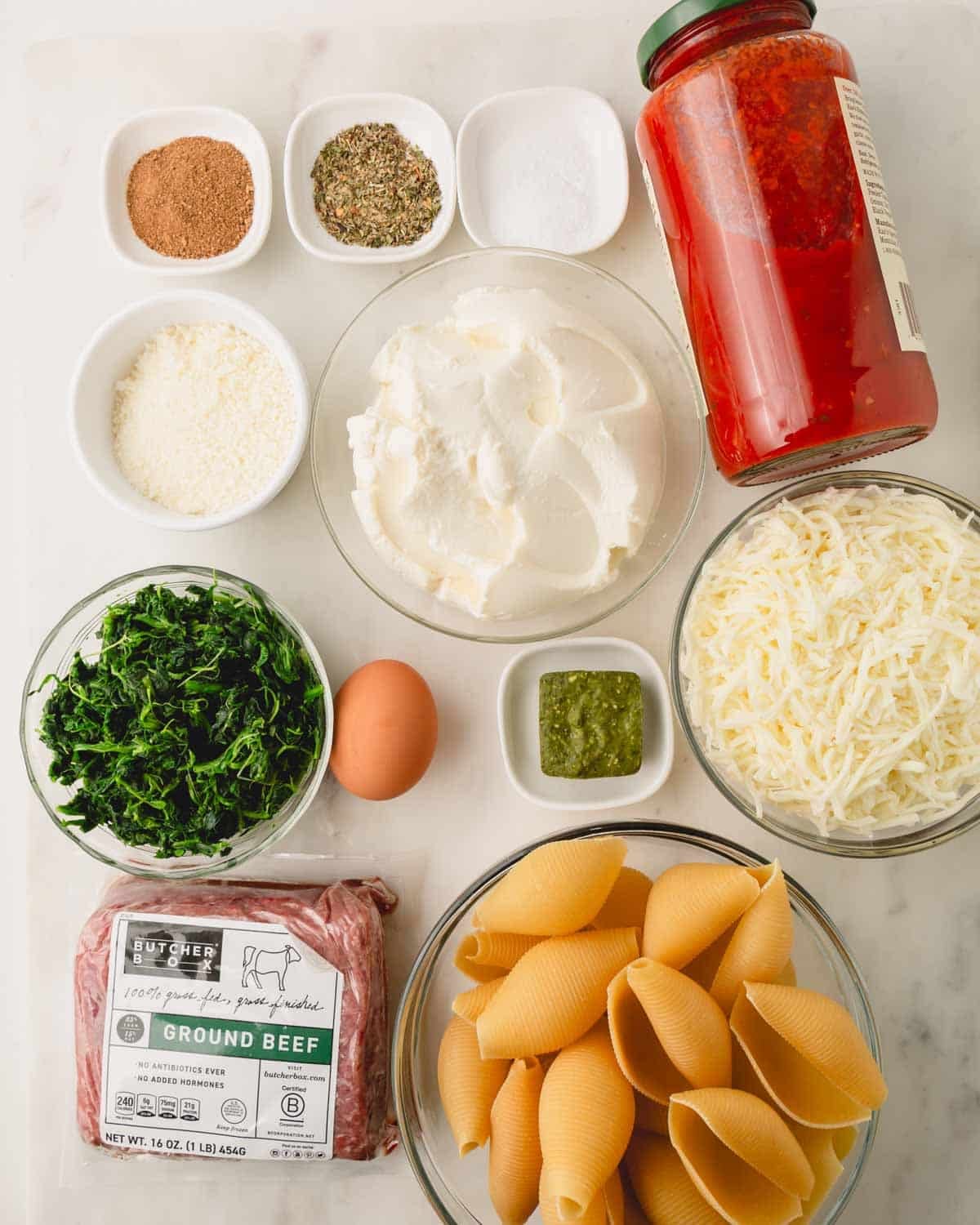 Ingredients for beef and ricotta stuffed shells.