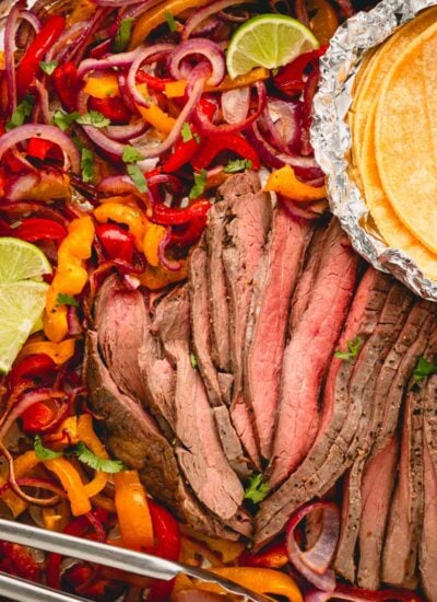 Over head photo of sheet pan steak fajitas.