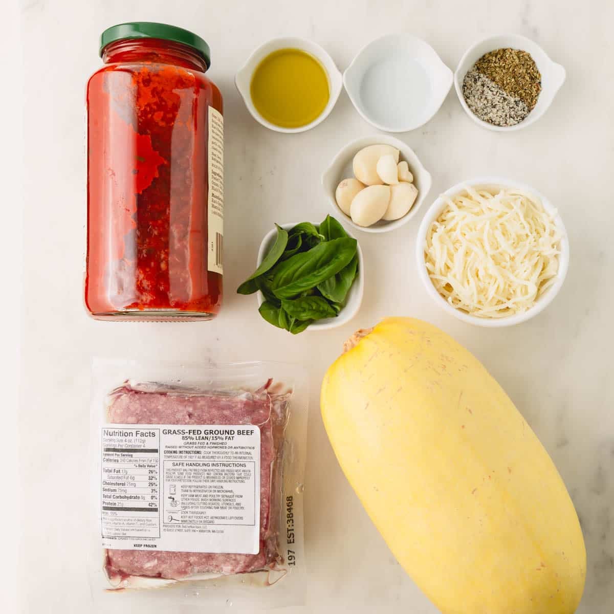 Ingredients for spaghetti squash with meat sauce.