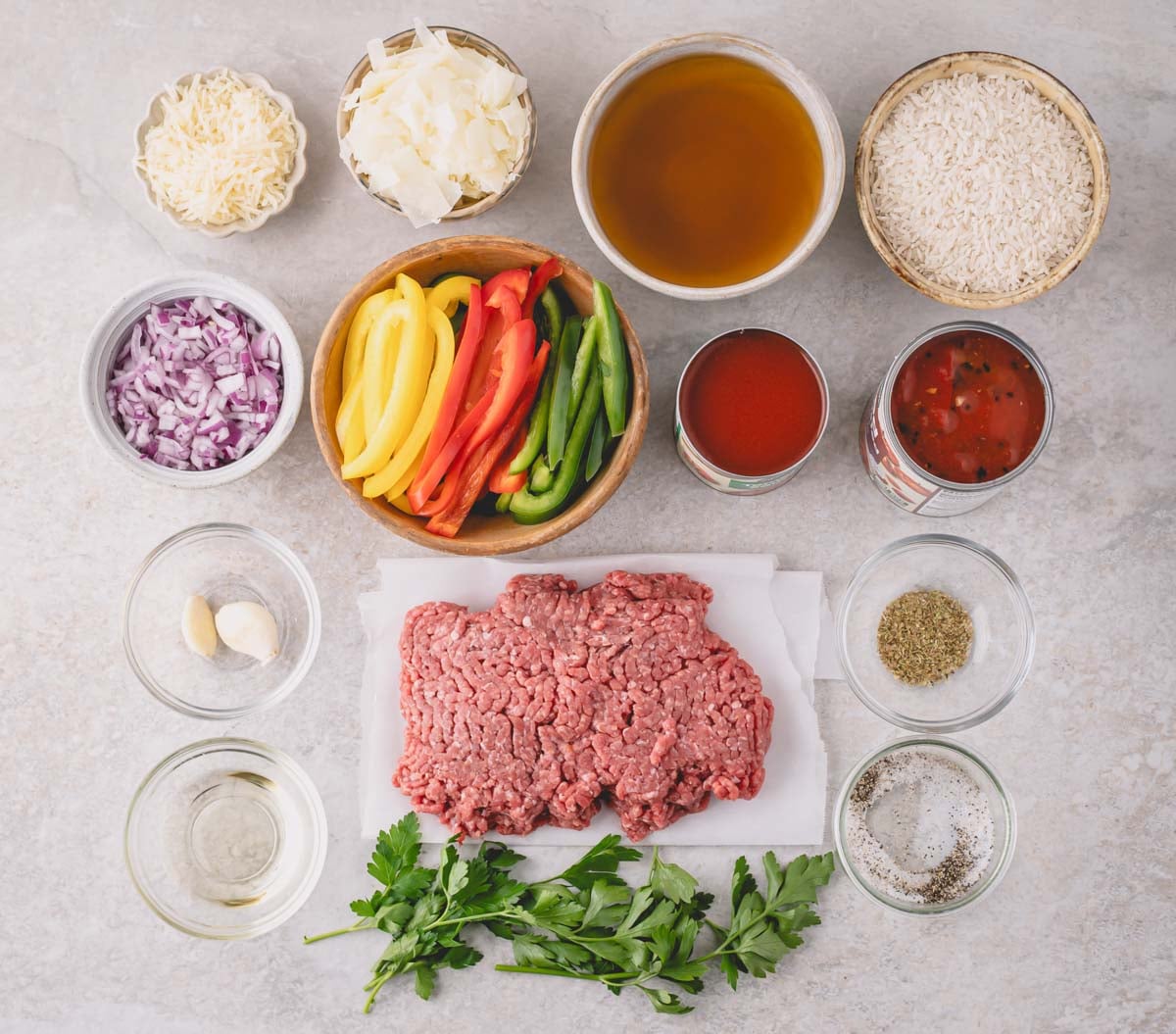 Ingredients for unstuffed pepper skillet.
