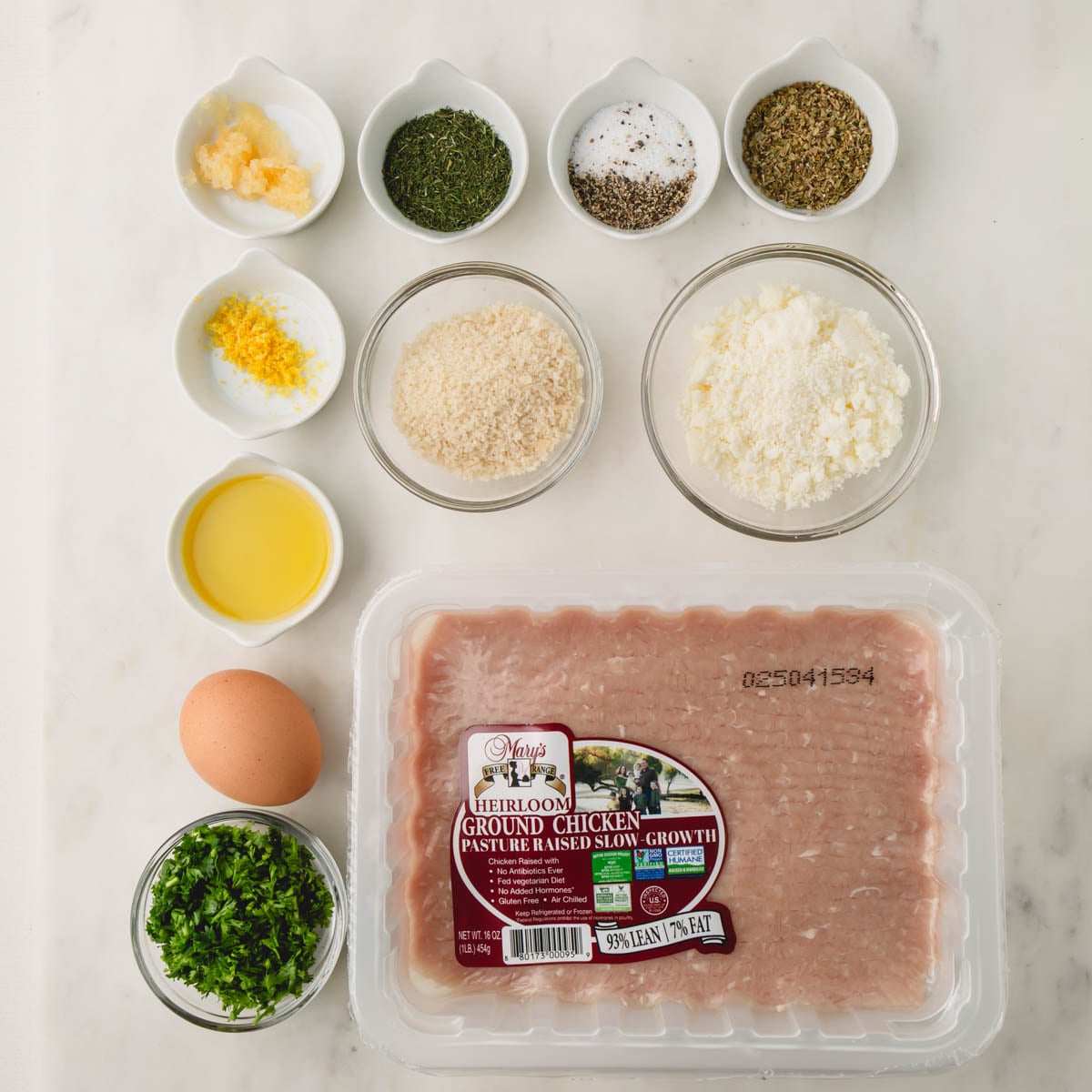 Ingredients for Greek chicken meatballs.