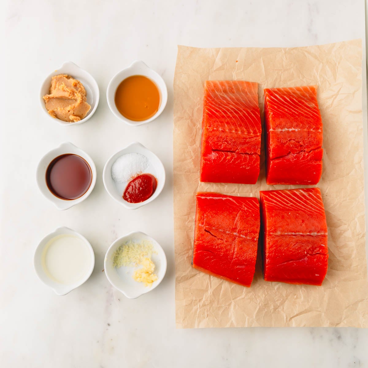 Ingredients for miso glazed salmon.