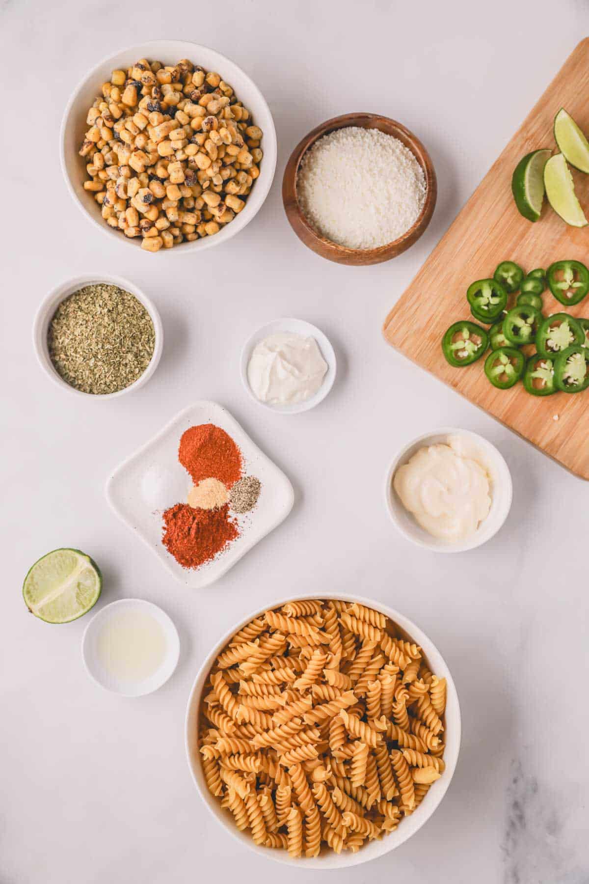 Ingredients for elote pasta salad.