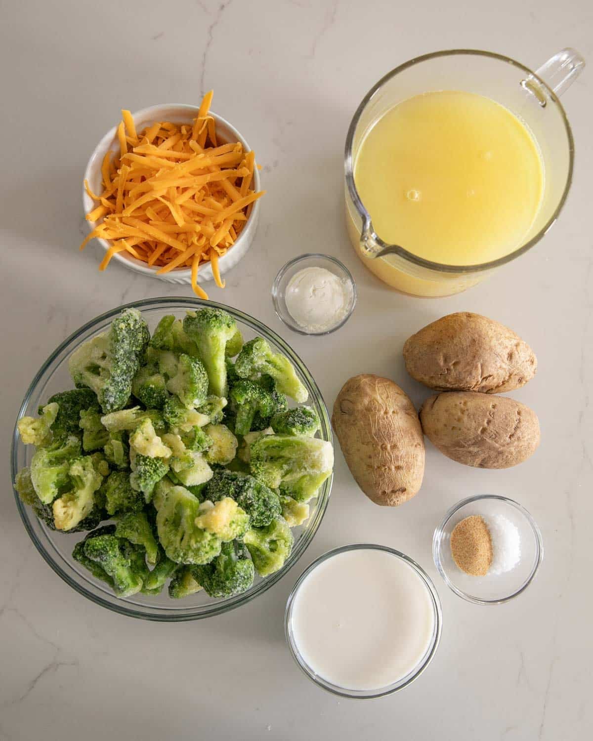 Ingredients for Instant pot broccoli, cheddar, potato soup.