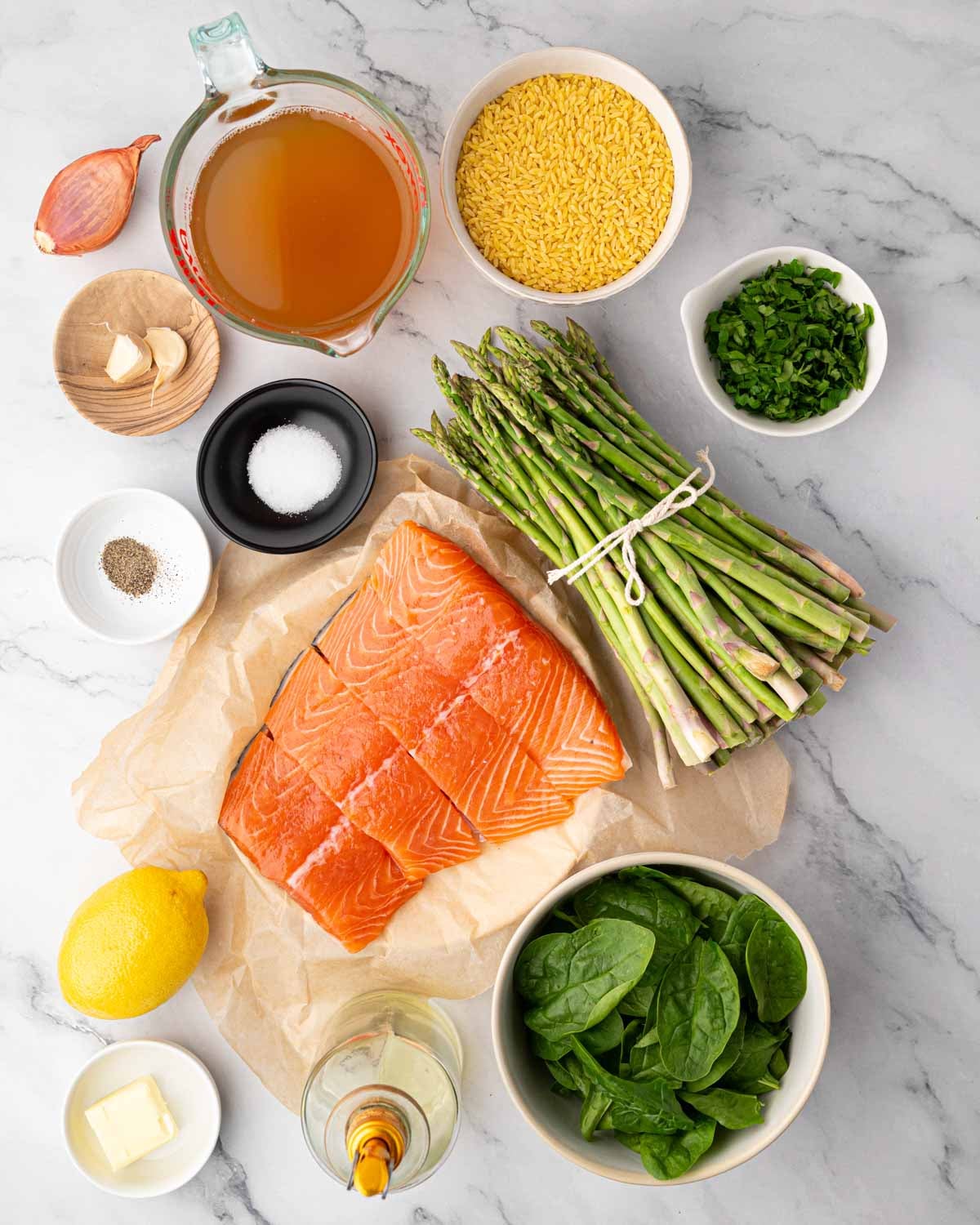Ingredients for one pan salmon orzo.