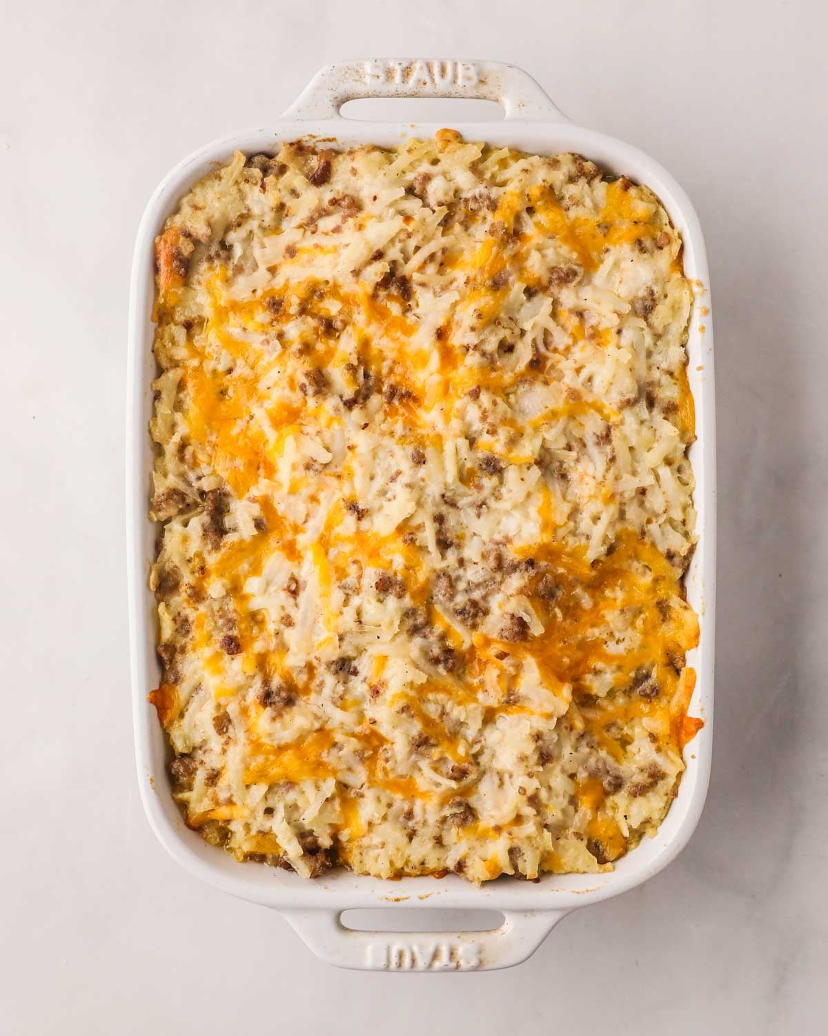 Baked sausage and hash brown casserole.