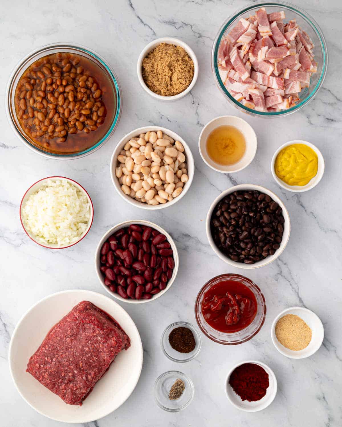 Ingredients for cowboy baked beans.