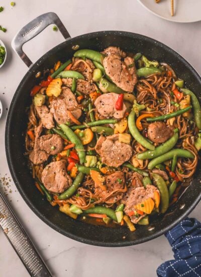 Hoisin pork in a large skillet.