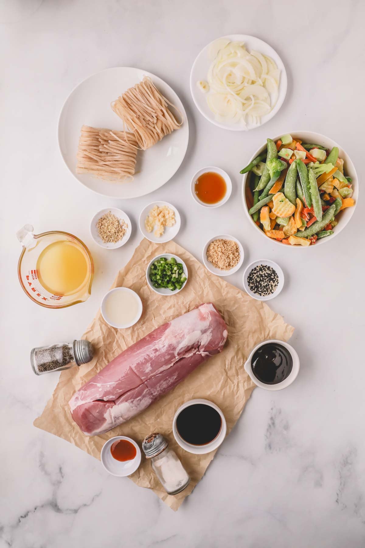 Ingredients for hoisin pork stir fry.