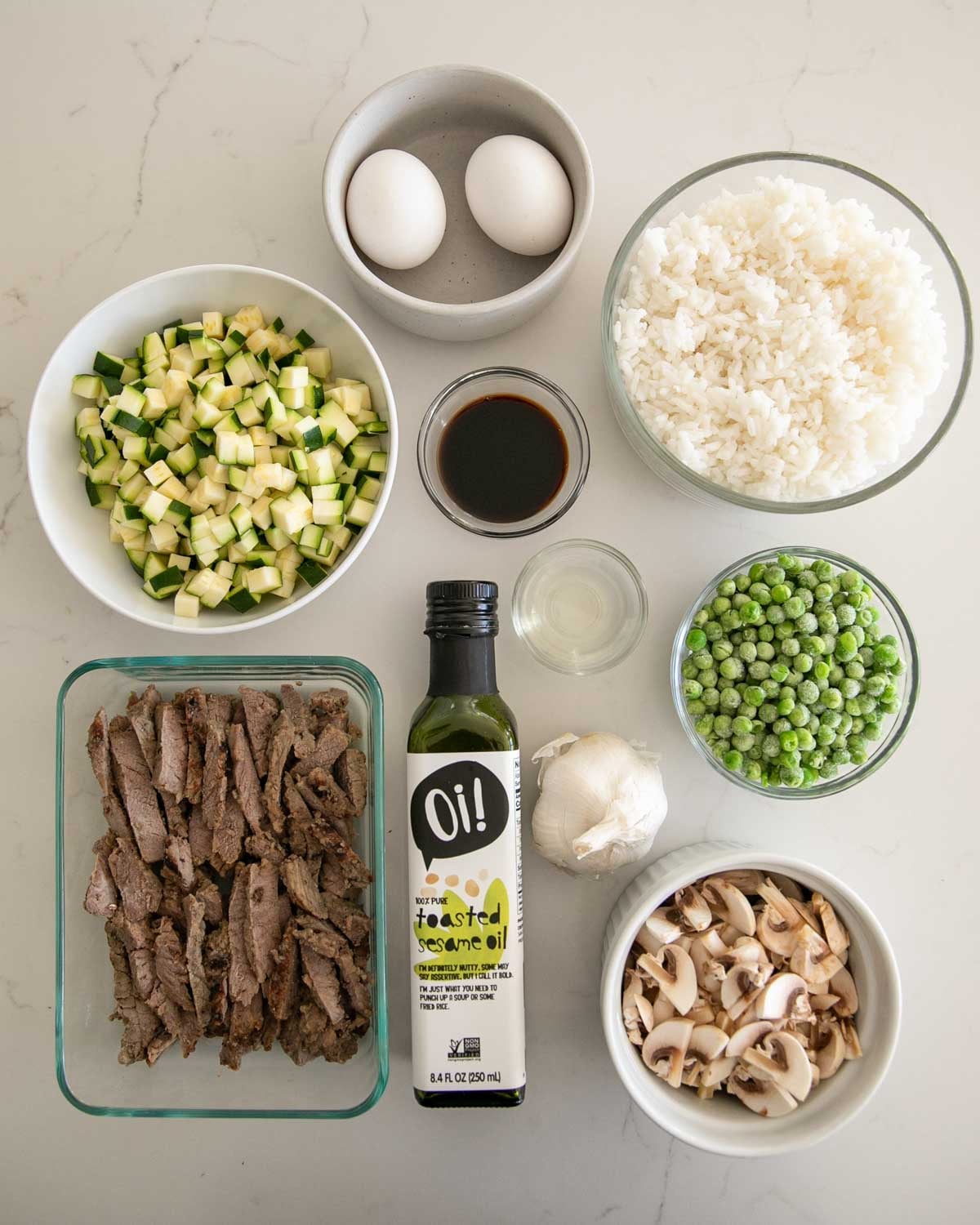 Ingredients for steak fried rice.