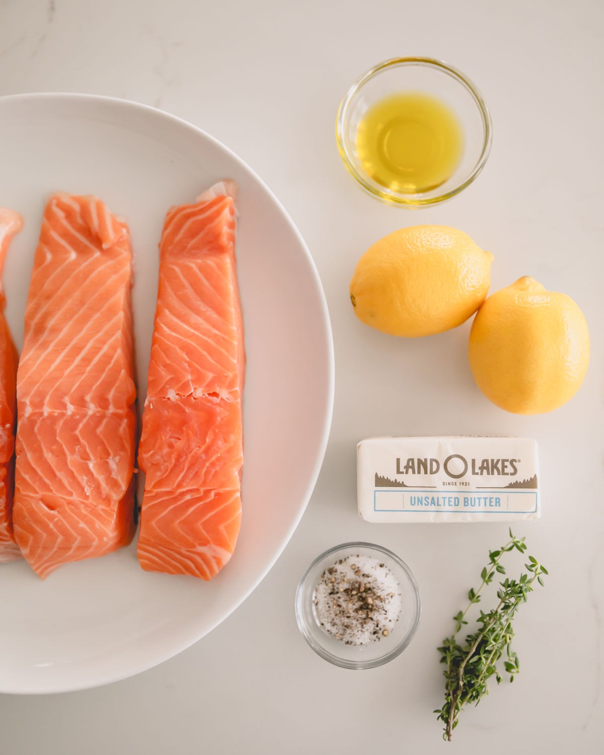 Ingredients for pan seared steelhead trout with lemon thyme sauce.