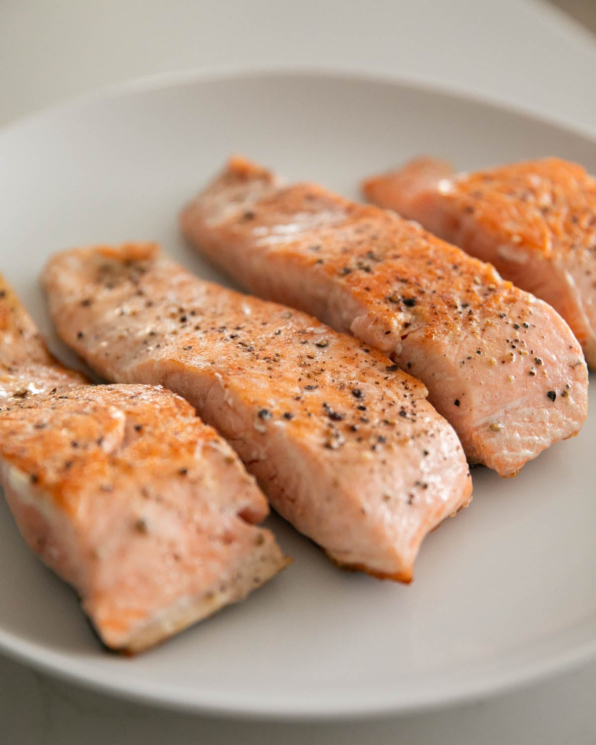 Seared steelhead trout fillets on a white plate.