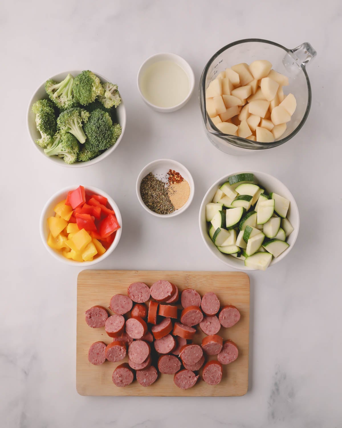 Ingredients for sheet pan sausage and vegetables.