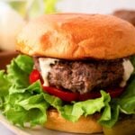 Bison burger on a white plate.