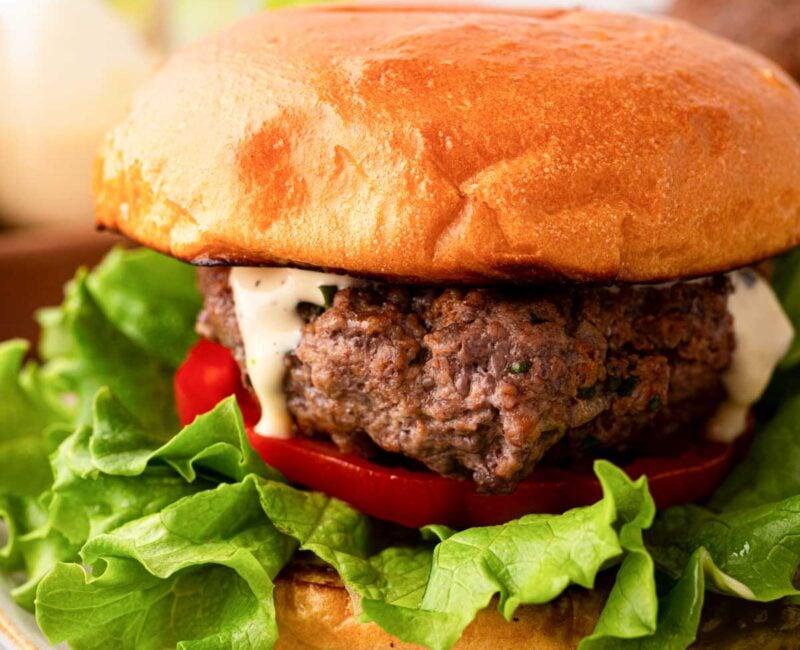 Bison burger on a white plate.