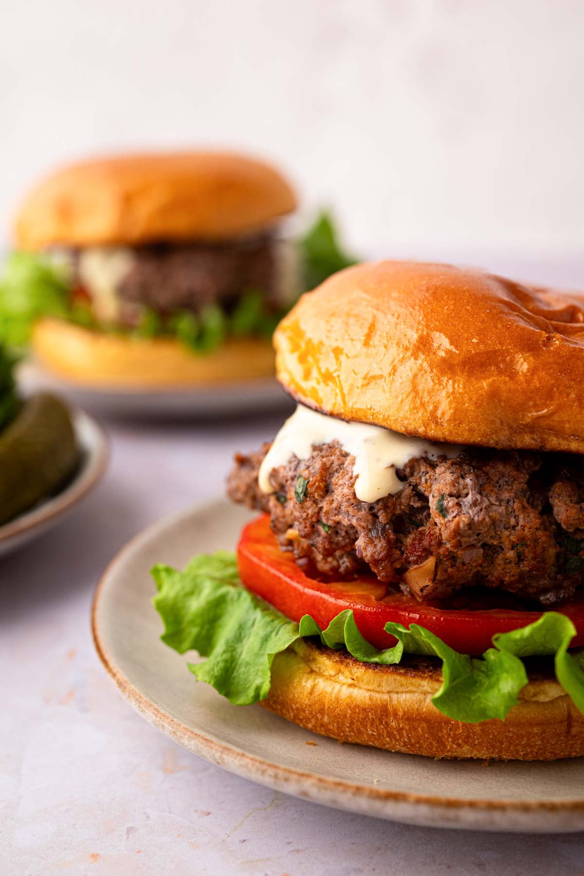 Side angle of a bison burger on a gray plate.