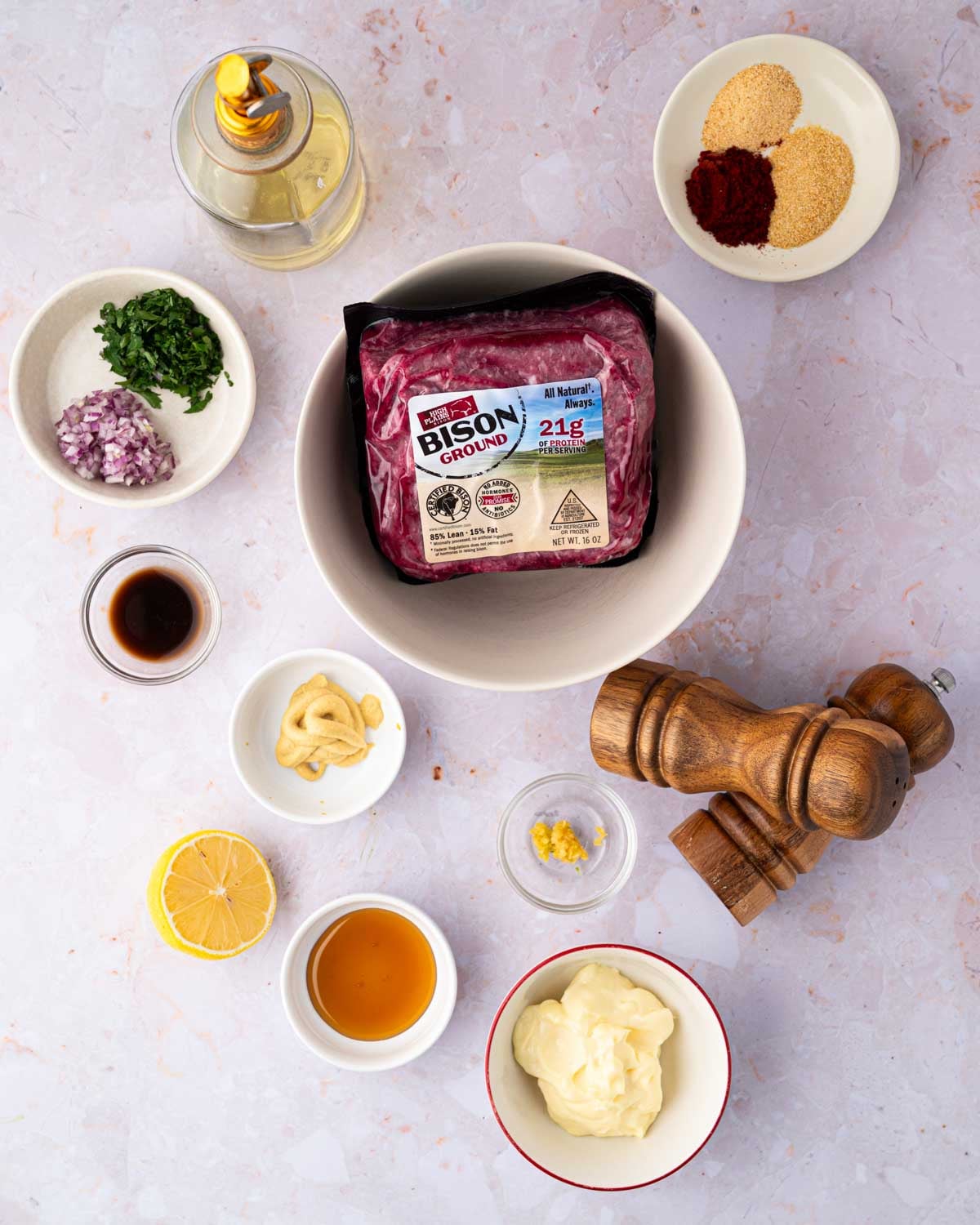 Ingredients for bison burgers.