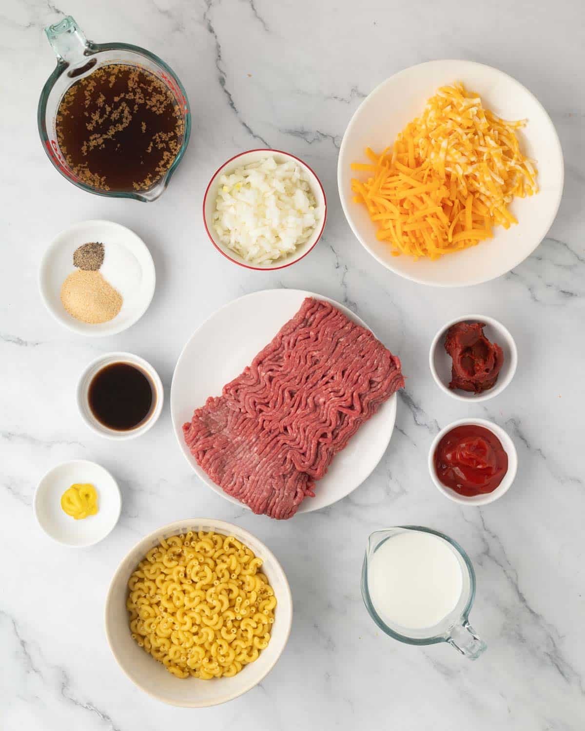 Ingredients for cheeseburger pasta.