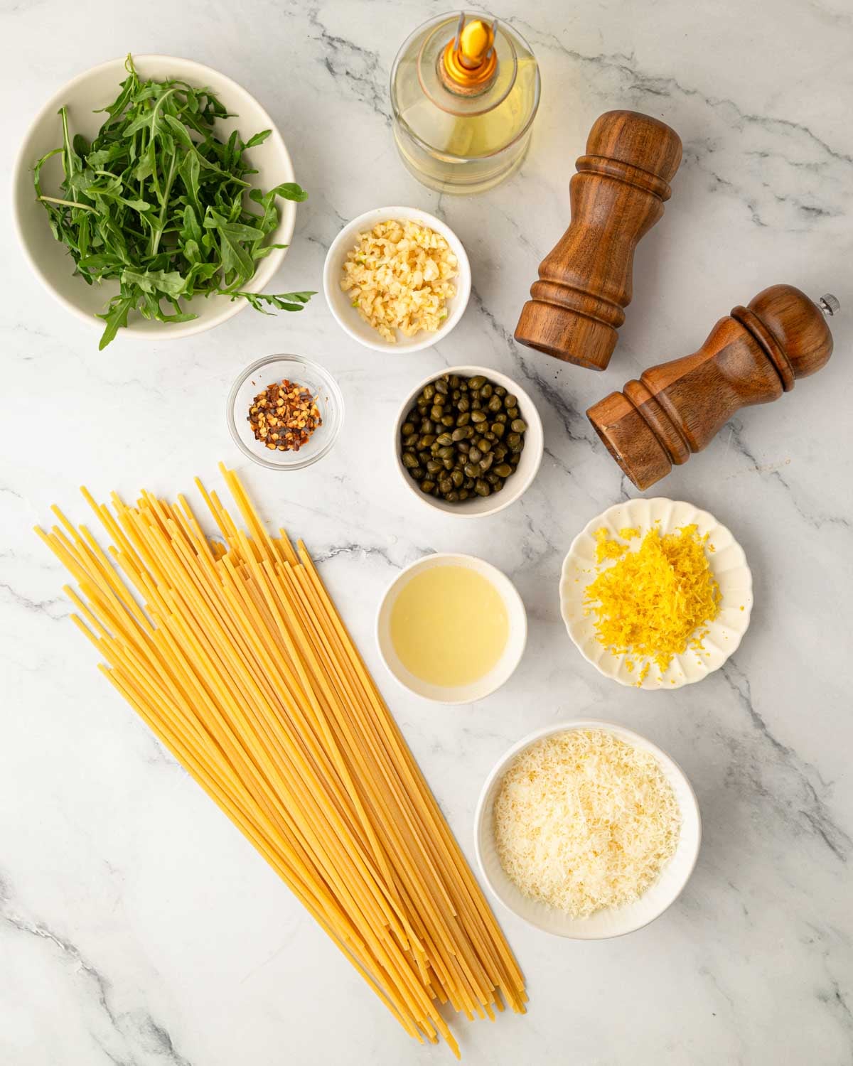 Ingredients for lemon caper pasta.